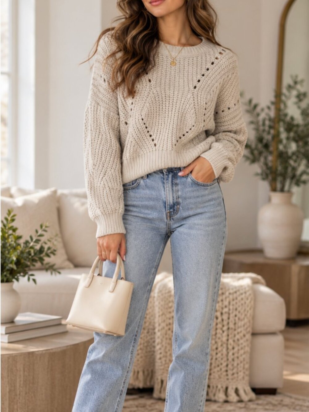 Cream Pointelle Chunky Knit Cropped Sweater Size Small